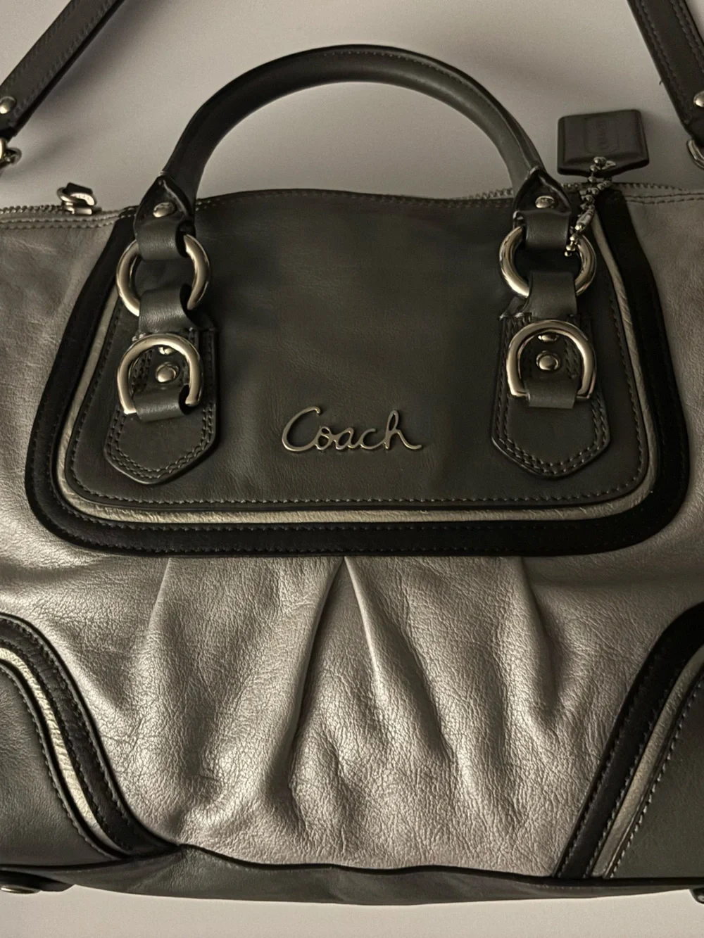 Coach Ashley Spectator Silver Gray Black Leather Satchel Bag Carryall F17455